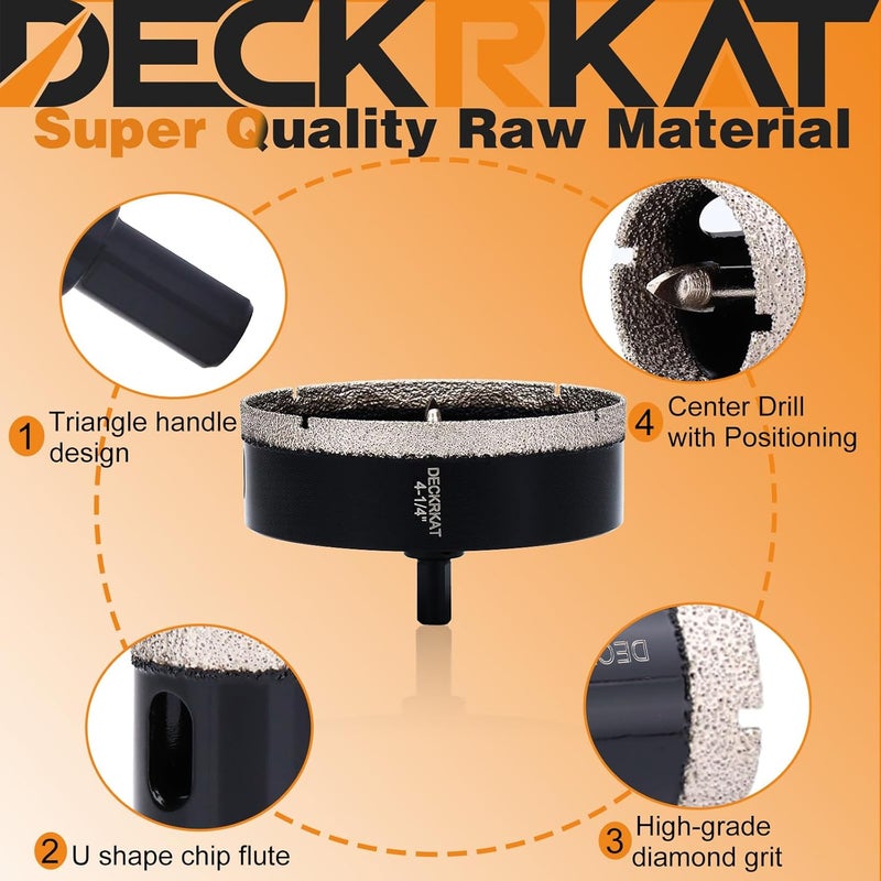 DECKRKAT 4-1/4 inch Diamond Hole-Saw Bits with Pilot Drill Bit -4-1/4" Diamond Tipped Tile Hole Saws with Guiding Bit Accurate Drilling for Porcelain Tile Ceramic Pottery Granite Stone Glass Bottles 110mm. - Image 5
